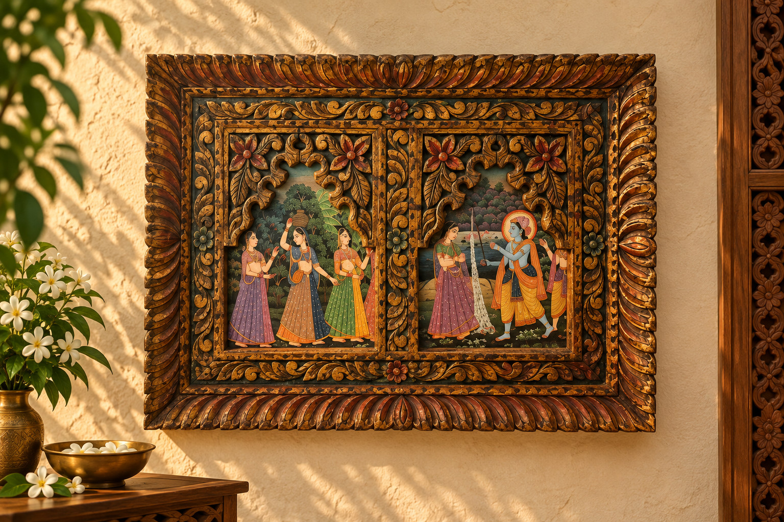Vintage Wooden Wall Art Hand Carved Indian Krishna and Gopis Panel Paper Art
