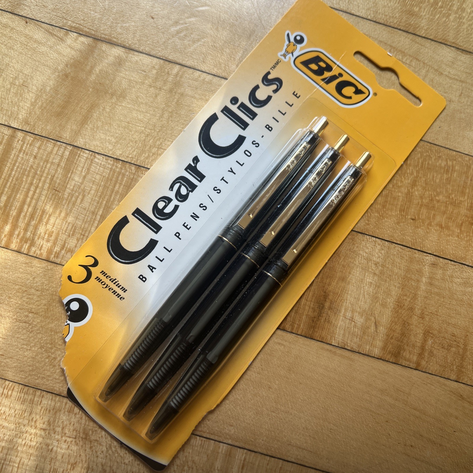 Vintage 1997 3 pack BIC Clear Clics Gold Ballpoint Pens Black Medium Refillable