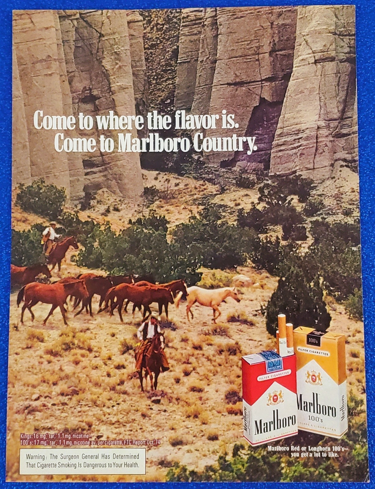 Classic 1974 Marlboro Man Cigarette Print Ad - Cowboys Driving Horses In Canyon