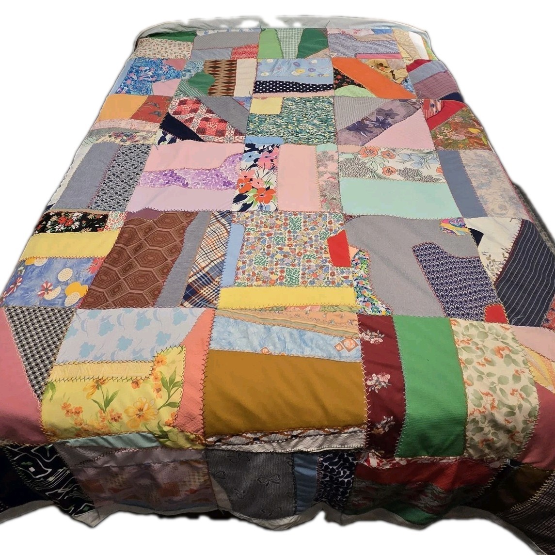 Vtg 1980 Signed Handmade Crazy Quilt Large 100x100 Novelty Patches Boho Folk Art