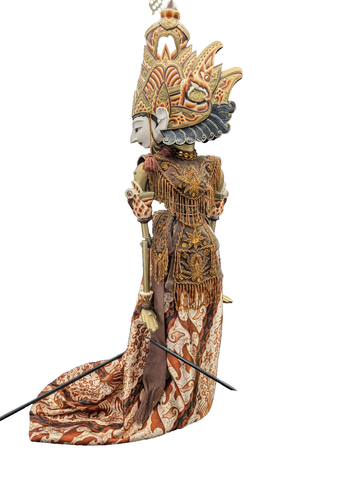 Vintage Indonesian Wayang Golek Hand-Carved Wood Rod Puppet in beaded silk outfi