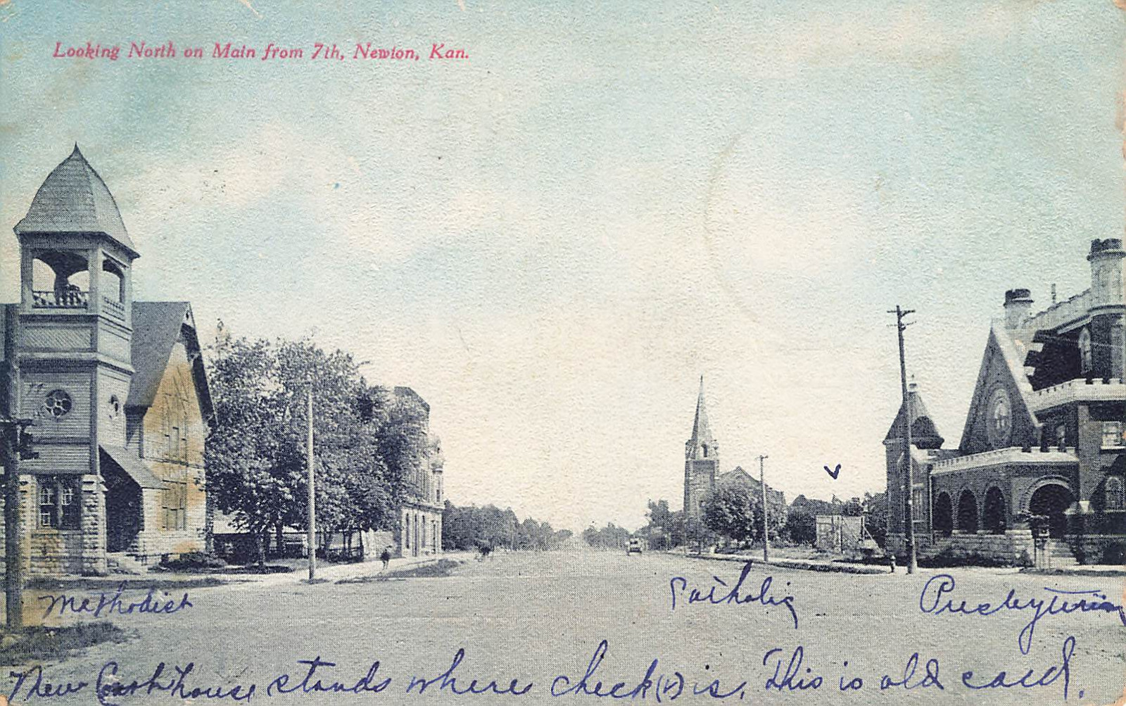 LOOKING NORTH ON MAIN STREET FROM 7TH ST SCENE POSTCARD NEWTON KS KANSAS 1907