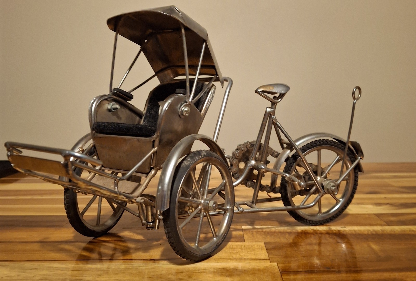 Vintage 1970s Metal Vietnam Rickshaw Figurine Collectible Moving Parts Display