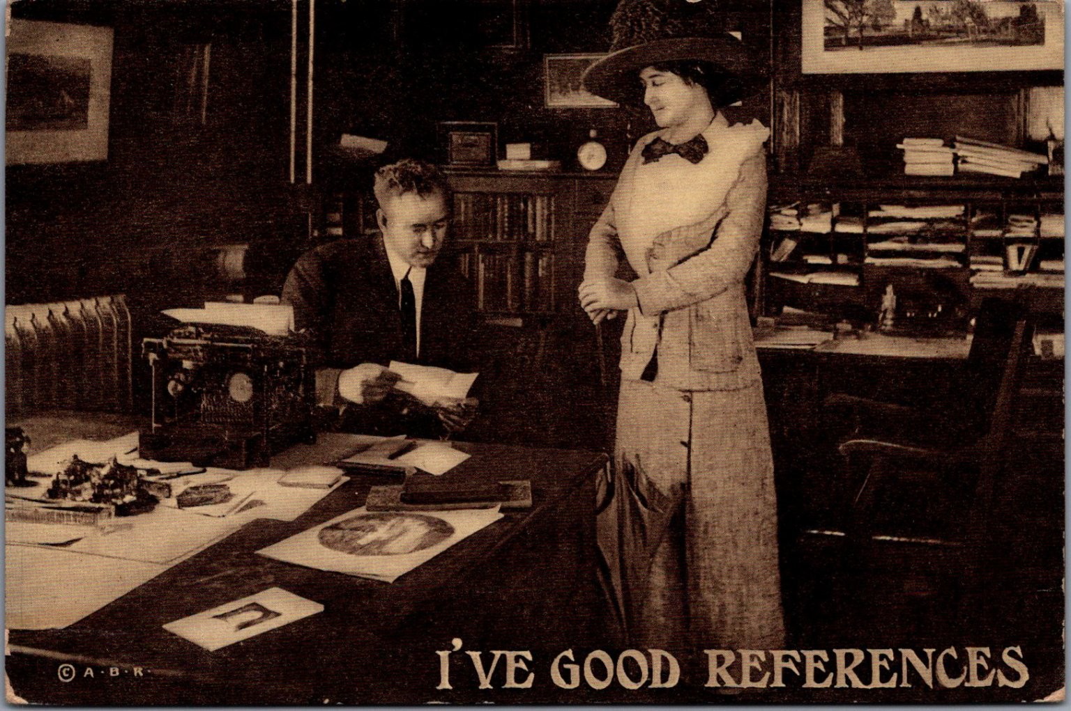 Vintage RPPC I'VE GOOD REFERENCES Job Interview Office Scene Comic Postcard