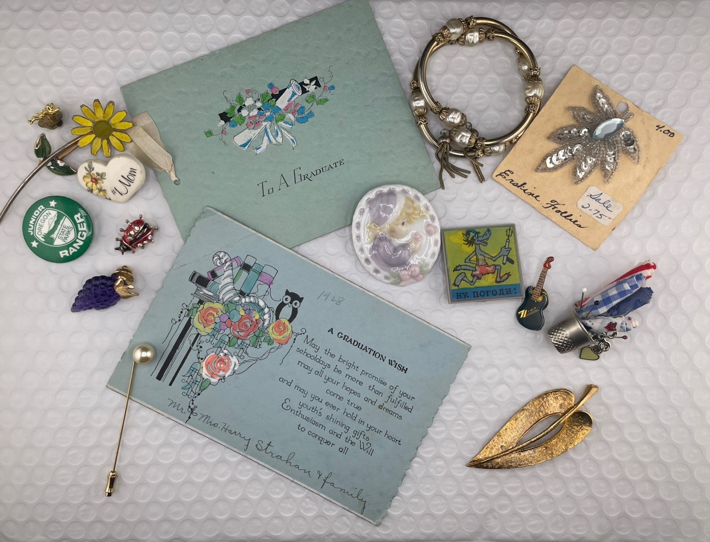 Grandma’s small Jewelry & Junk Drawer lot. Jewelry pins brooches Ephemera cards
