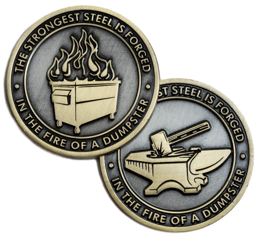 Bronze Dumpster Fire Challenge Coin - Two sided design - Case And Bag Included