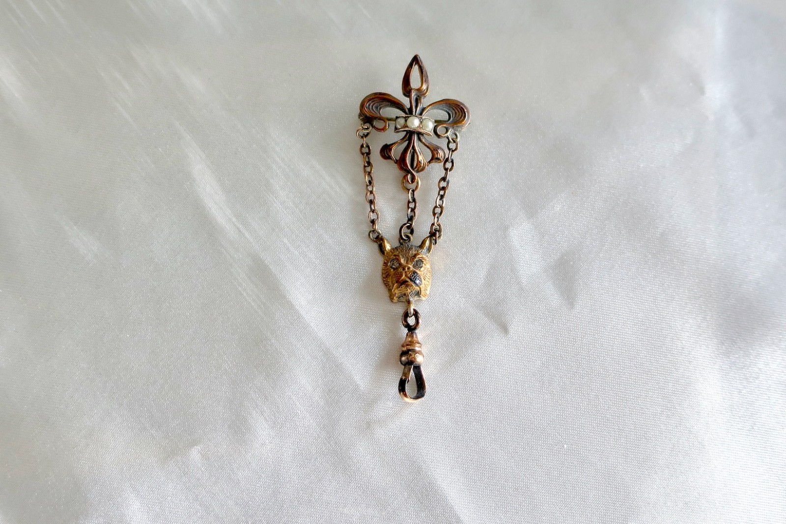 Exceptional Antique Ladies GF Watch Holder Pin Fob French Bulldog Dog