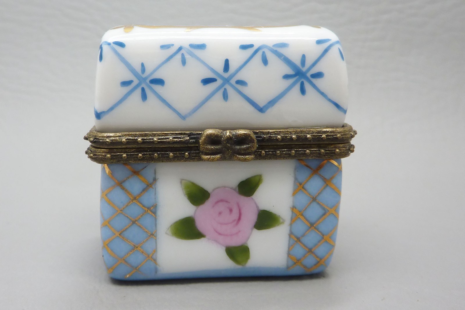 Vintage Two's Company Small Pink Rose with Blue and Gold Accents Trinket Box
