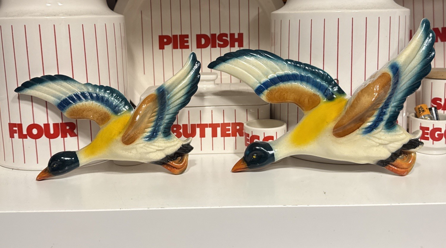 Pair Vintage Flying Mallard Ducks Ceramic Wall Art Plaques Home Decor