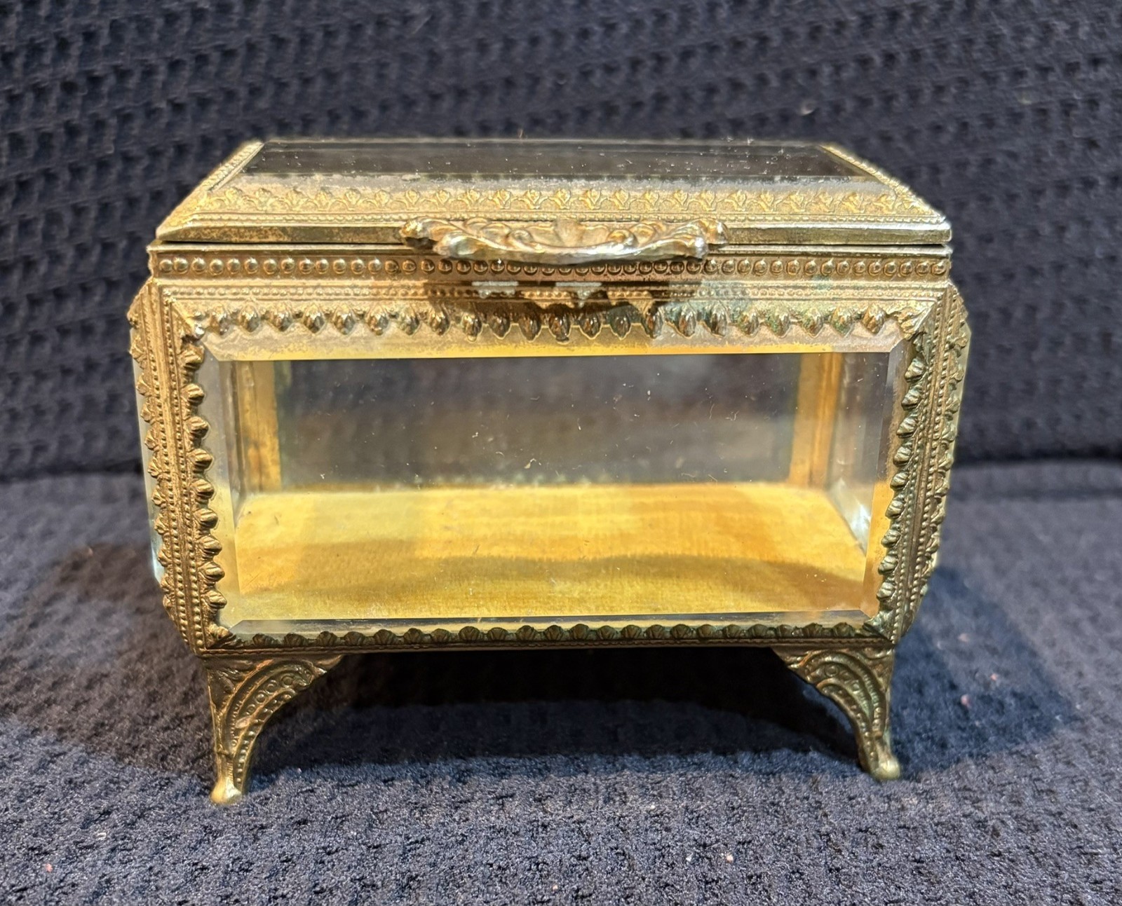 Antique Palais Royal Style French Ormolu Brass and Beveled Glass Jewelry Casket.