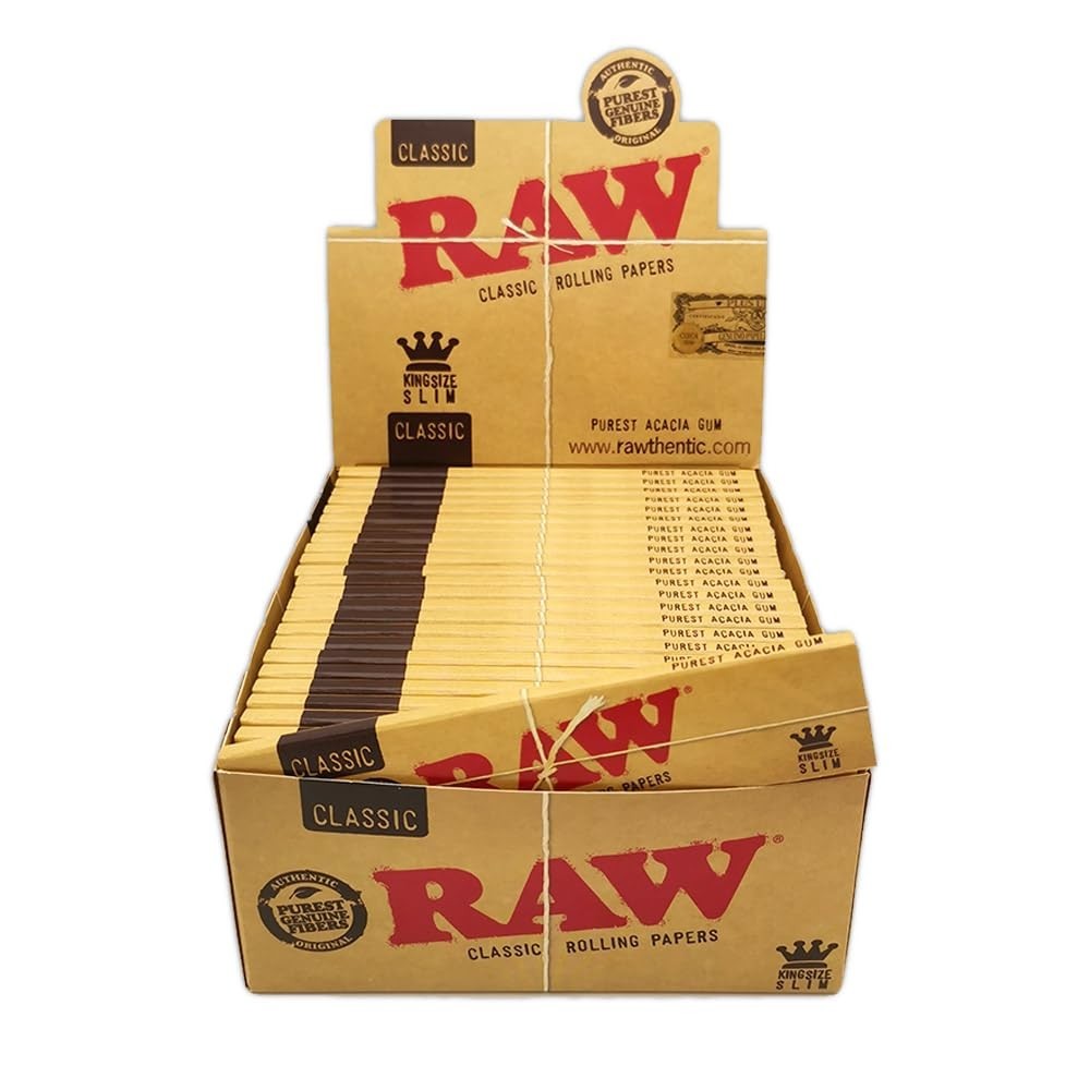 Raw Classic Slim Ultra Thin Rolling Paper Acacia Gum, King Size Box of 50 units