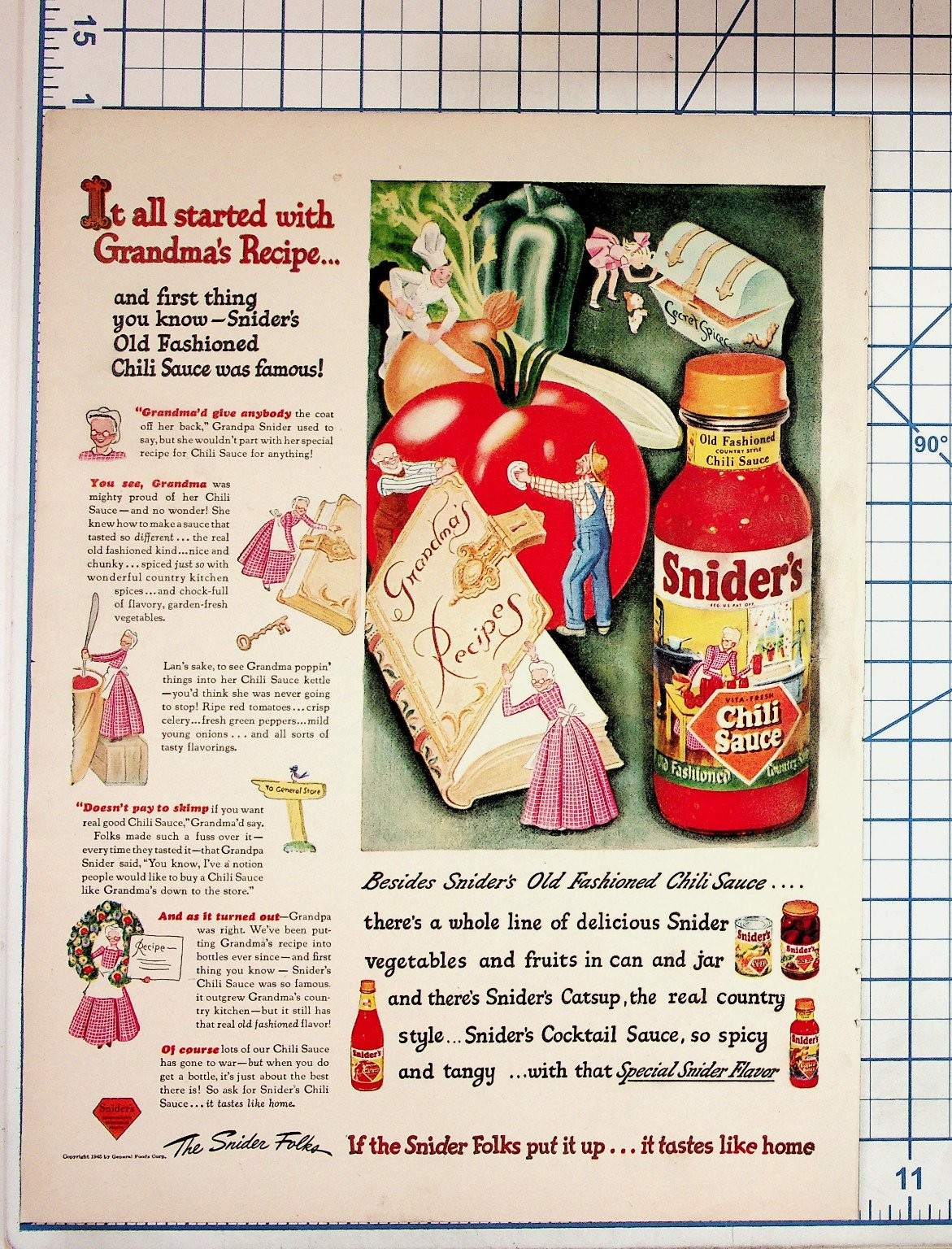 1940 Snider\'s Old Fashioned Chili Sauce Vintage Ad Grandma\'s Recipe General