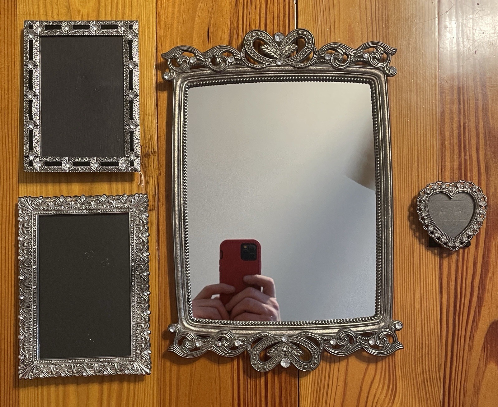 VTG Antique Jewel Vanity Set Ornate Silver Pewter Mirror Photo Frame Set 4pc