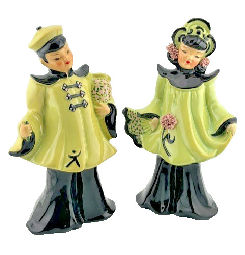 Vintage Florence Ceramics Asian Figural Pocket Vases Chartreuse Black MCM 1950s