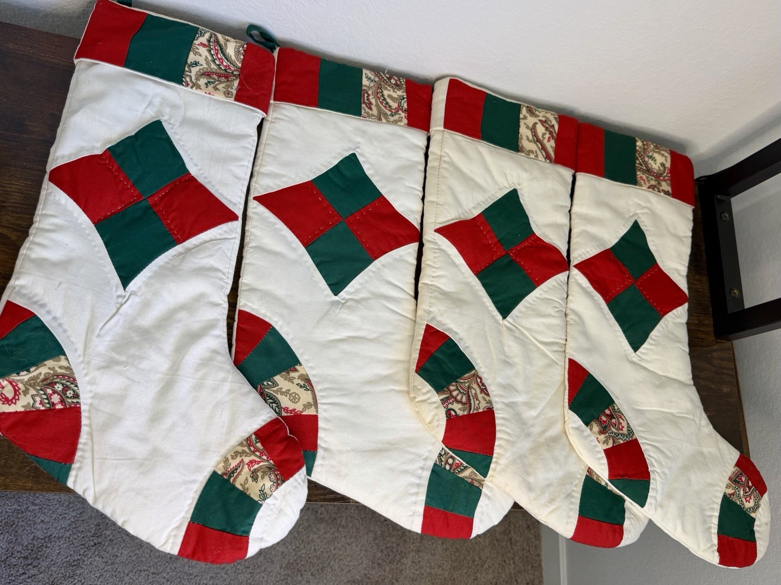 Vintage Handmade Quilted Christmas Stockings Set 4 Patchwork Red Green Cottage