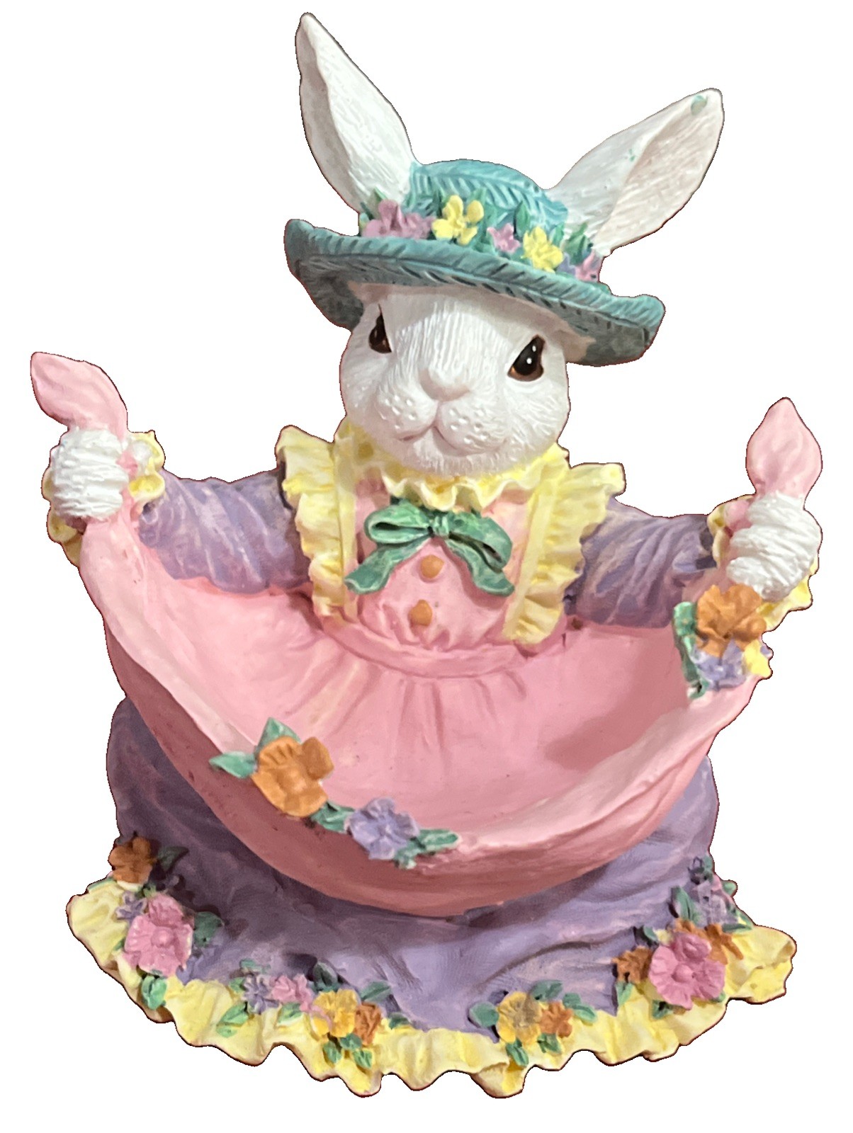 Easter Spring Trinket Box Bunny W/Apron Flowers Rabbit Candy Holder Resin 4” VTG