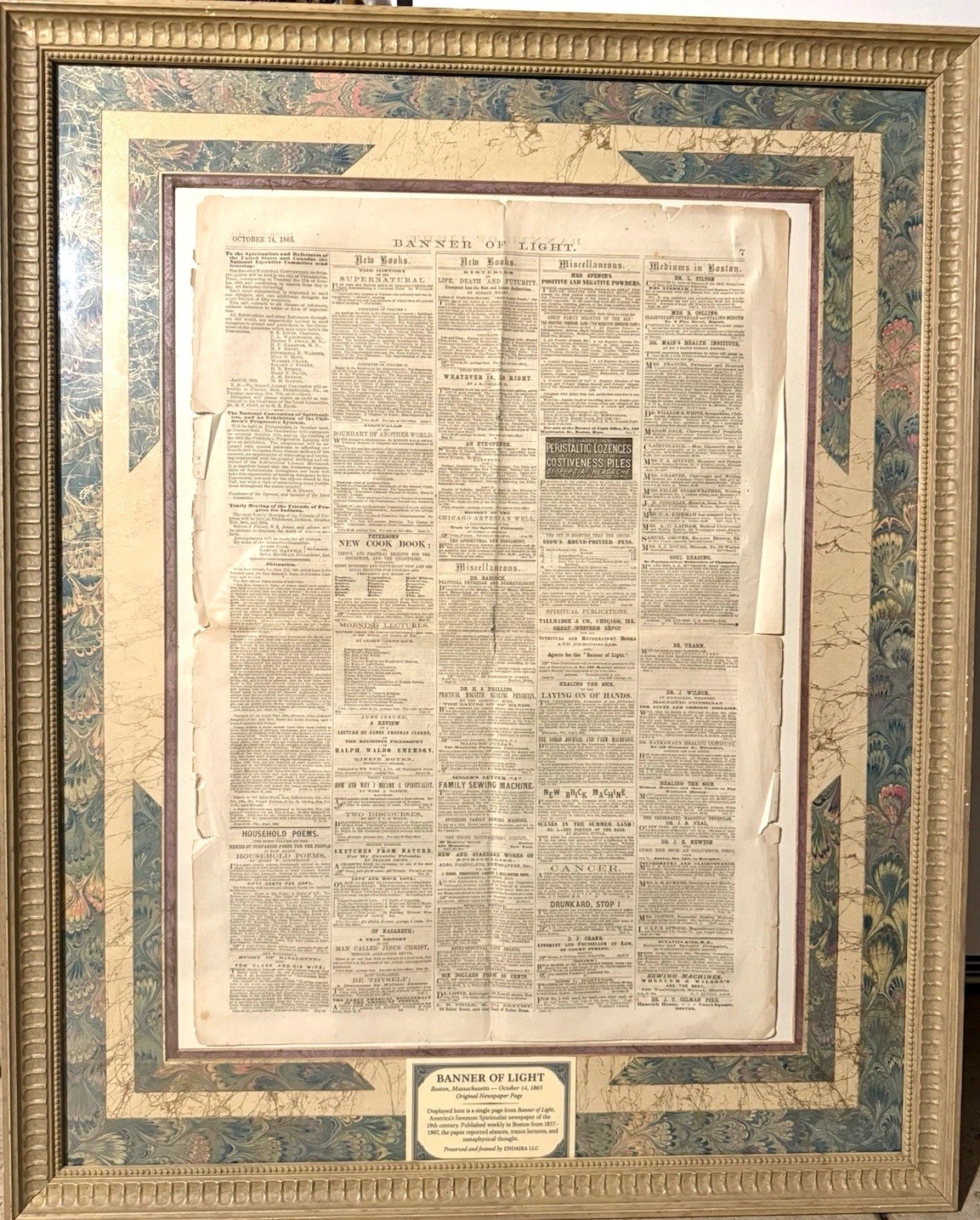 1865 Banner of Light Spiritualist Newspaper Page Framed Antique Boston Occult