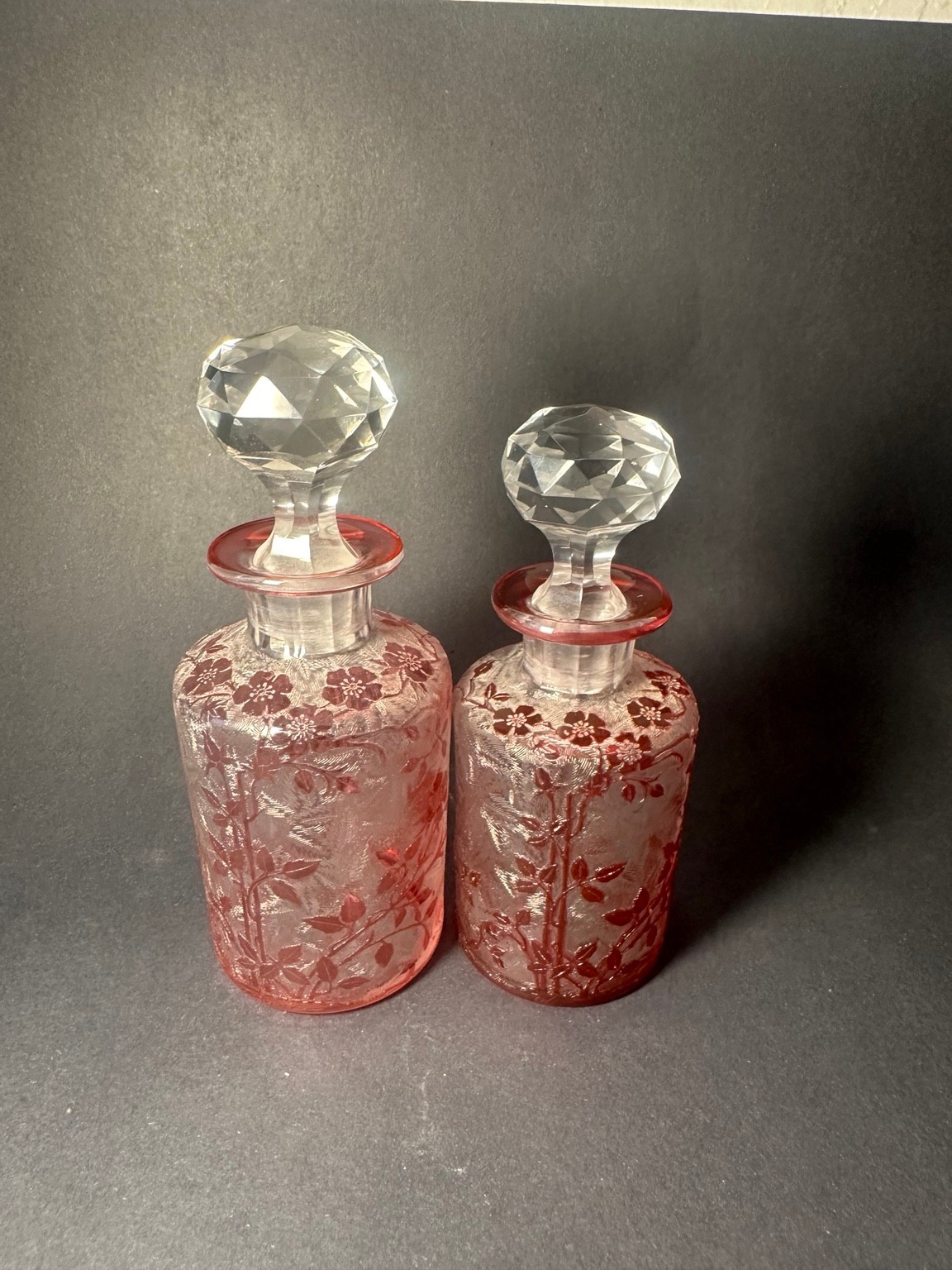 Pair Vintage Ruby Red Floral Glass Perfume Bottles Faceted Stoppers Vanity 6-7in