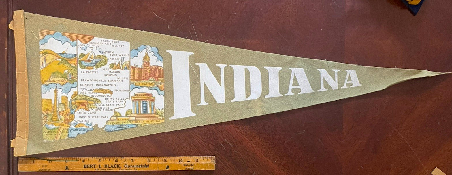 Vintage Indiana State Souvenir Felt Pennant Flag w/ Illustrated Map Scene