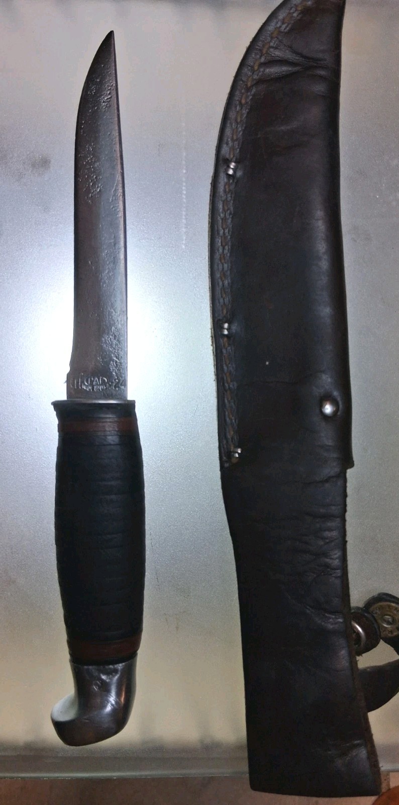VTG Remington PAL RH-24 Hunting Knife Stacked Leather Handle W/ Sheath Pre WW2