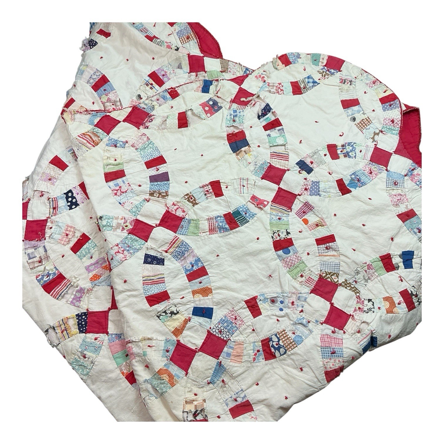 Vintage 1930s/40s hand stitched wedding circle quilt 65 x 71 USA made fair cond