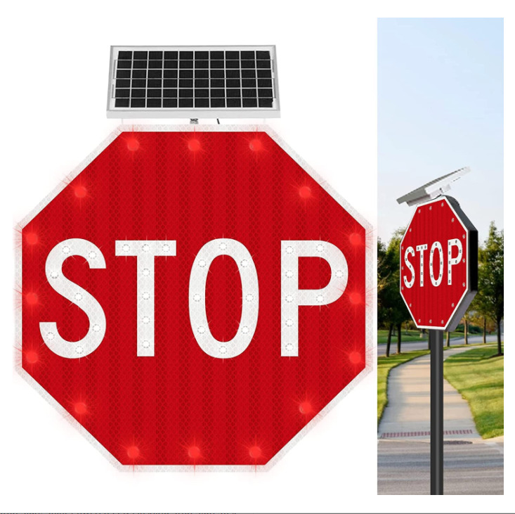24'' Stop Sign Solar Powered LED Blinking Reflective Street Traffic Warning Sign