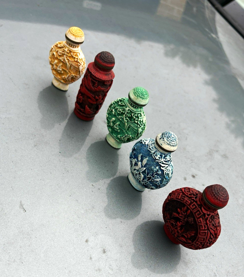 5 Vintage Chinese Hand Carved Snuff Bottles w/ Stoppers & Spoons. Set only.