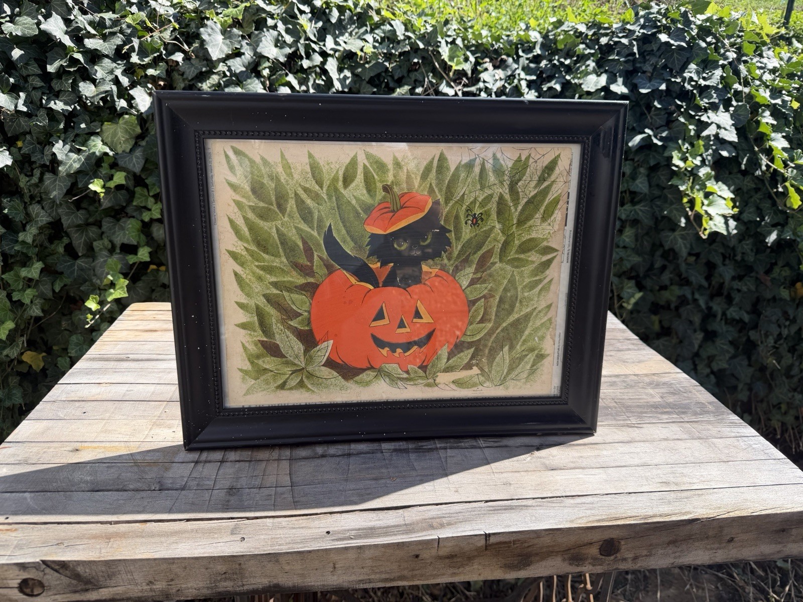 Vintage Hallmark Halloween Black Cat Pumpkin Spider Print 10x12 Framed