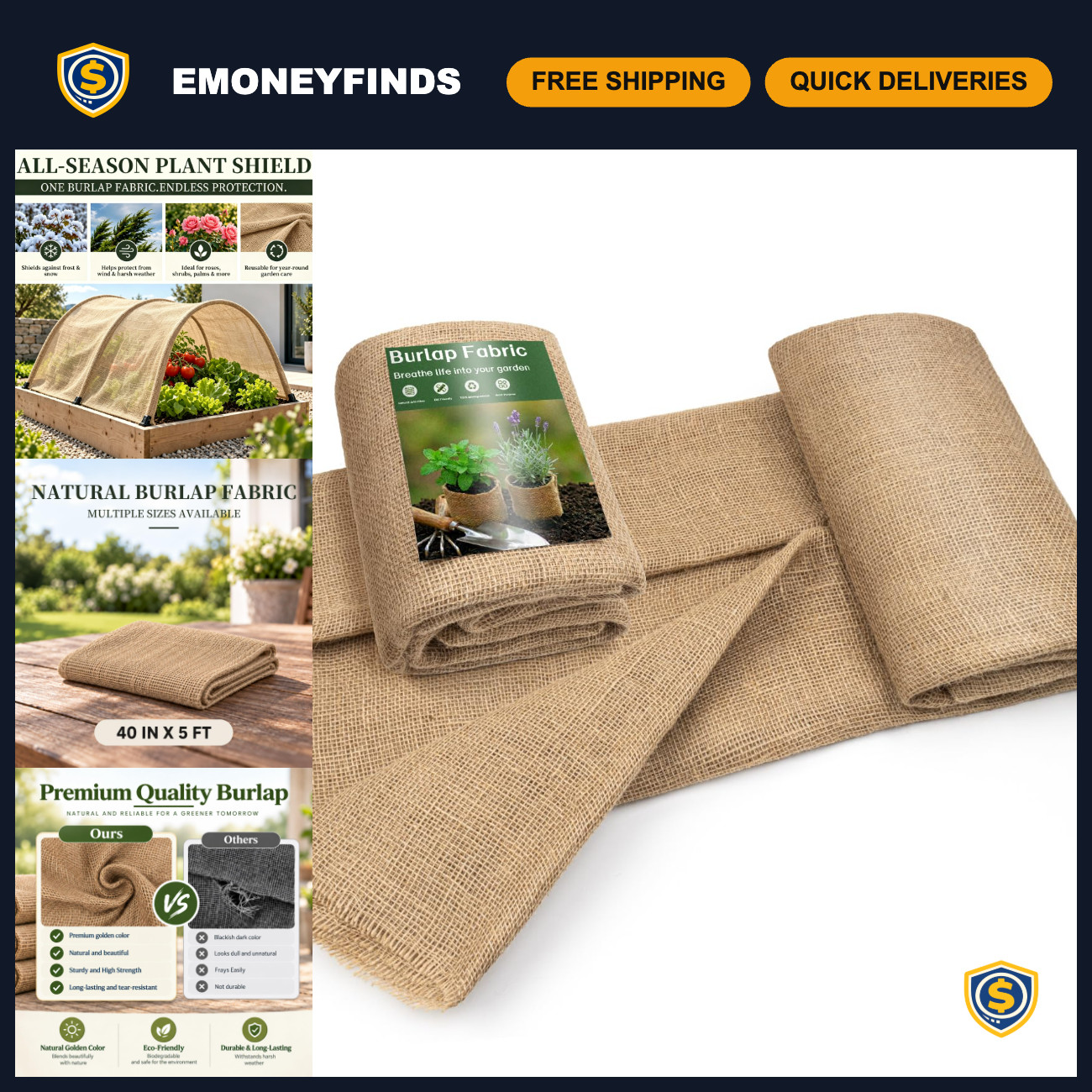 SUNLAX Burlap Fabric Roll, Natural Jute Breathable & Durable, 40 in x 5 ft