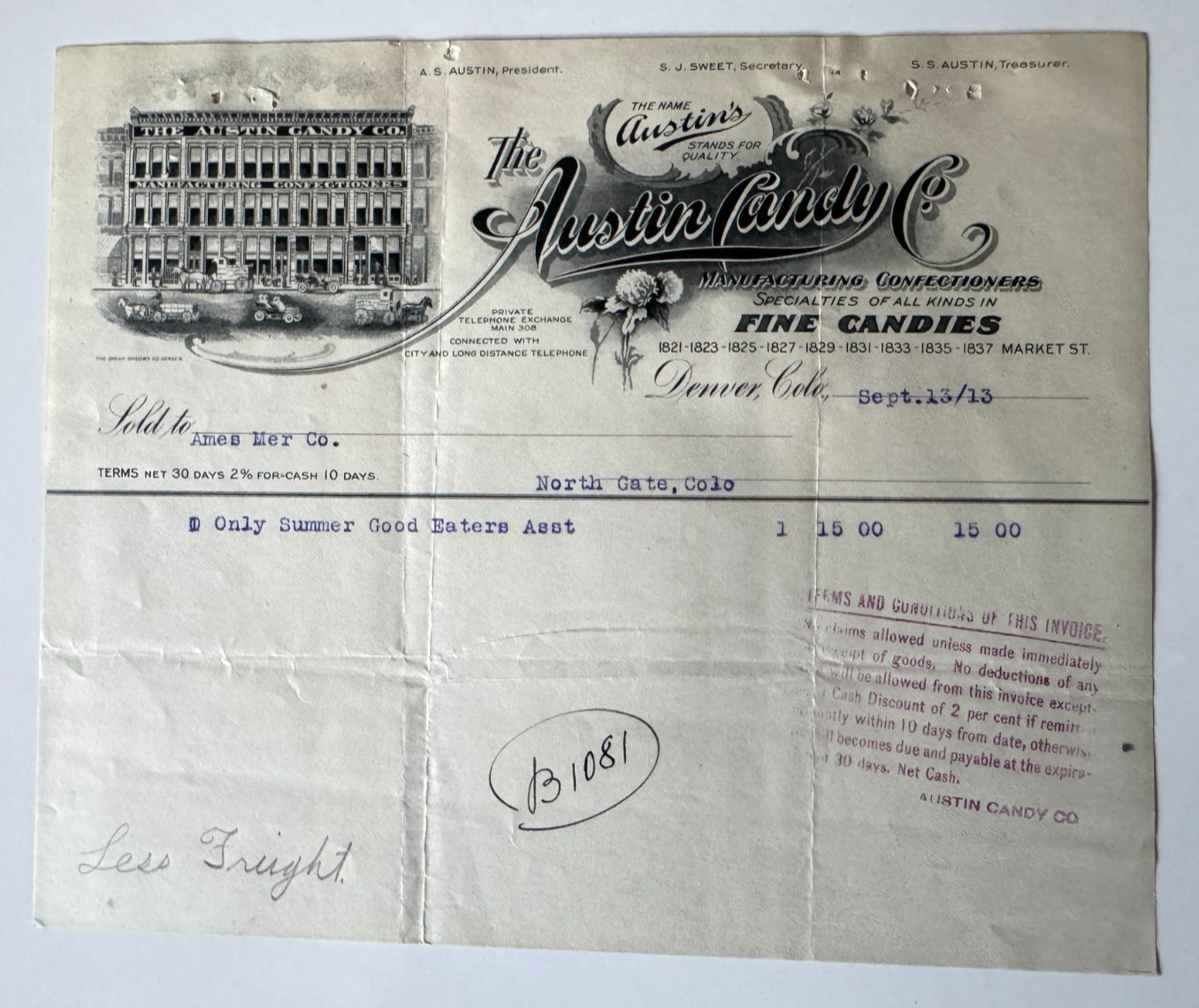 1913 Billhead Denver Colorado Austin Candy Co Confectioners Market St vignette