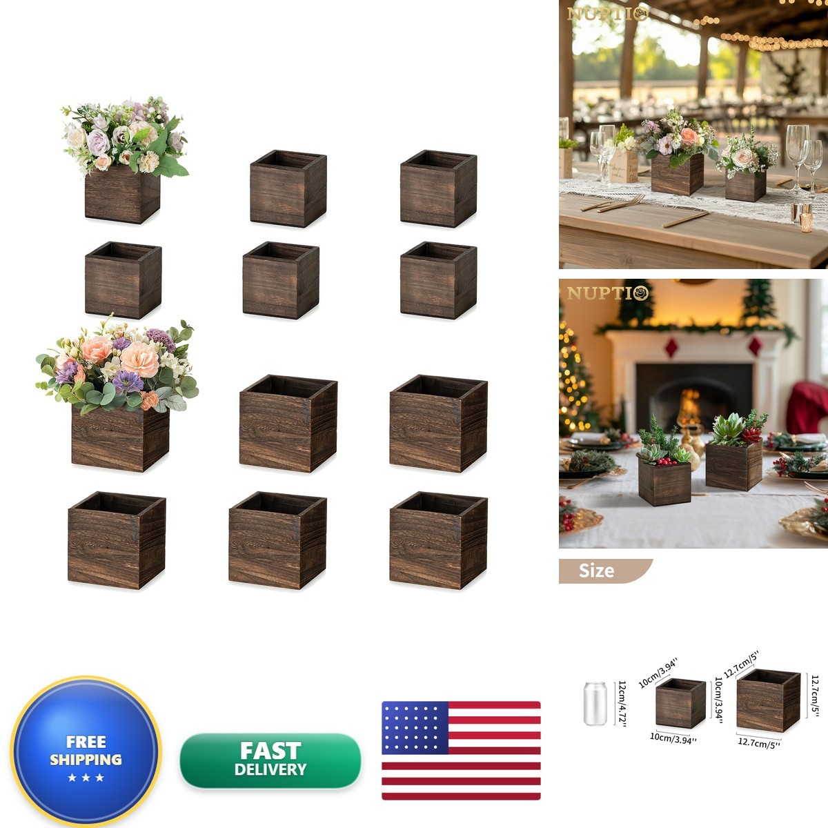 NUPTIO Small Wooden Box Centerpiece Brown Square 4\