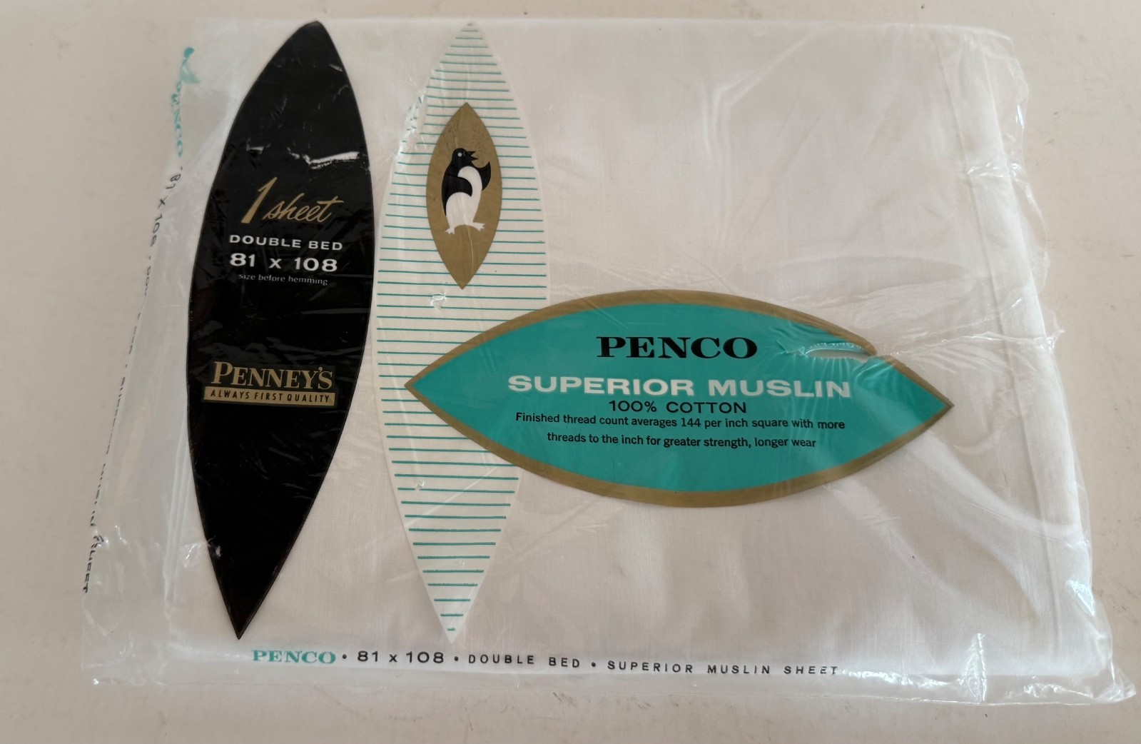 Vintage Penco Superior Muslin Cotton White Double Sheet 81 X 108  NIP