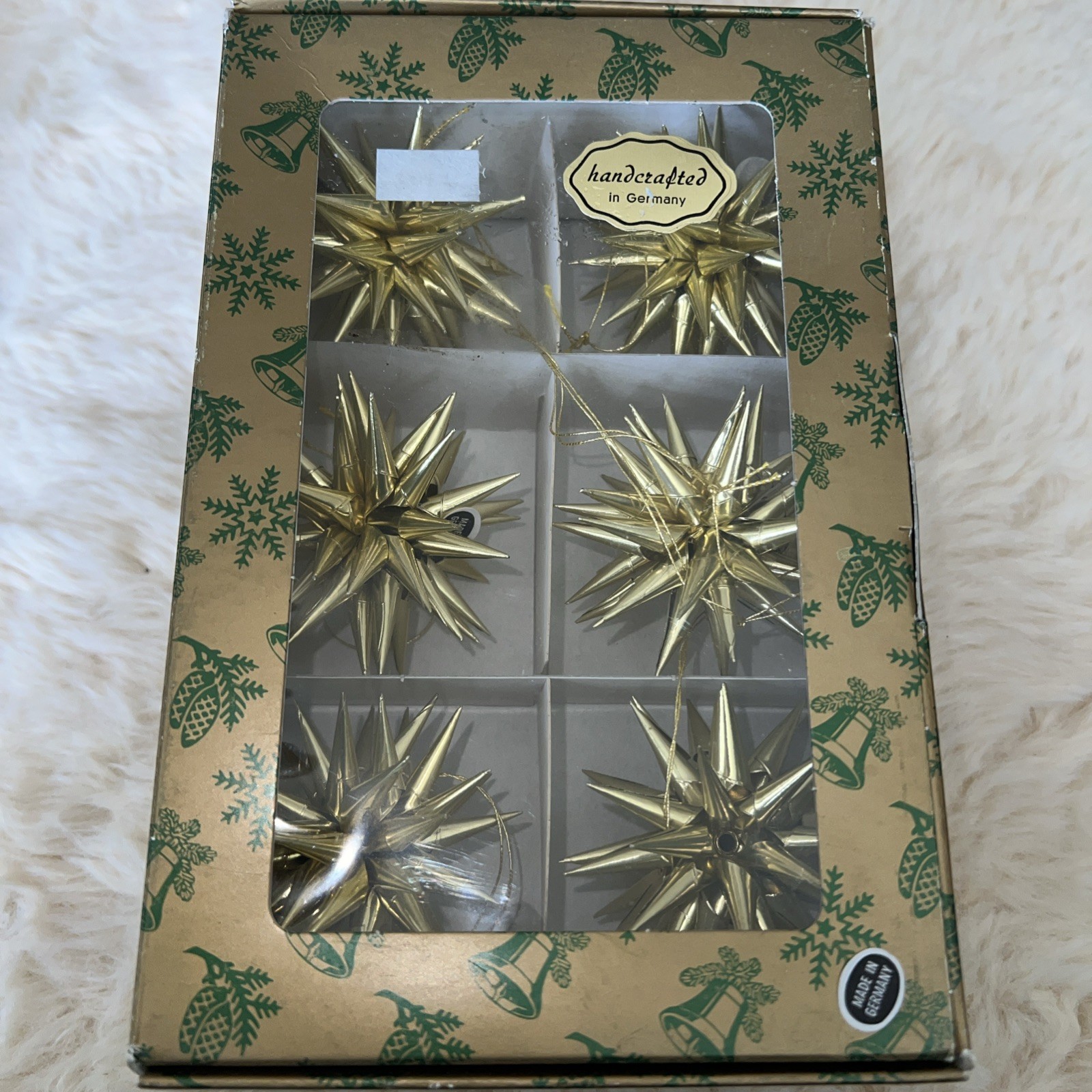 Vintage 60's Gold Foil Atomic Star Christmas Ornaments West Germany - 1 Box HTF