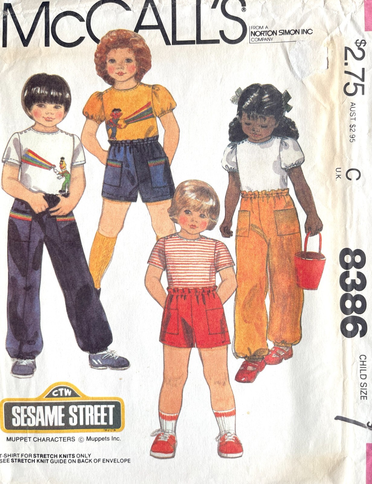 1980\'s McCall\'s Children\'s T-Shirt,Pants,Shorts w/Transfer Pattern 8386 3 UNCUT