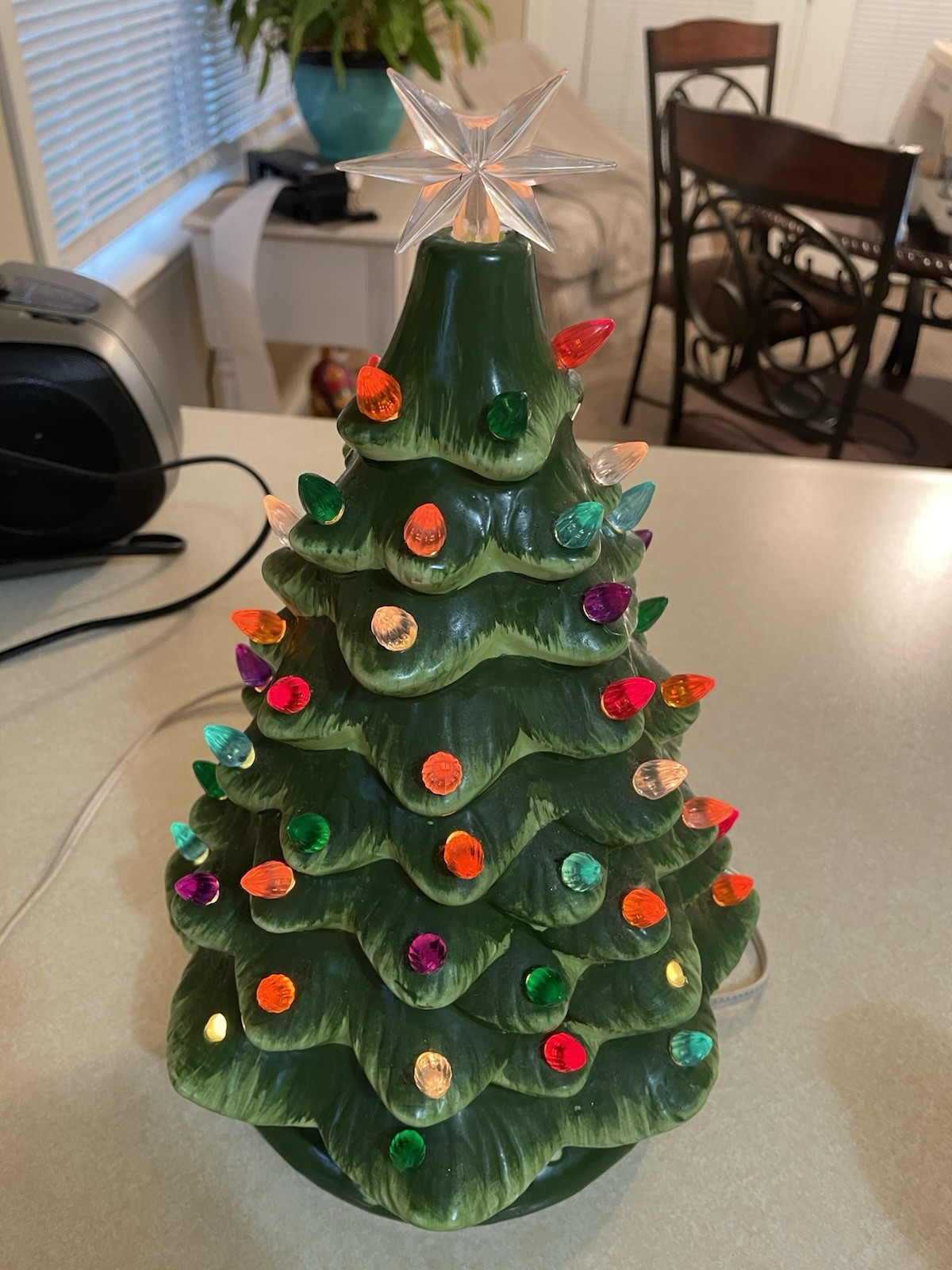 Vintage Ceramic Pre-Lit Green Christmas Tree, Mid-Century Modern, 13 1/2 Inches