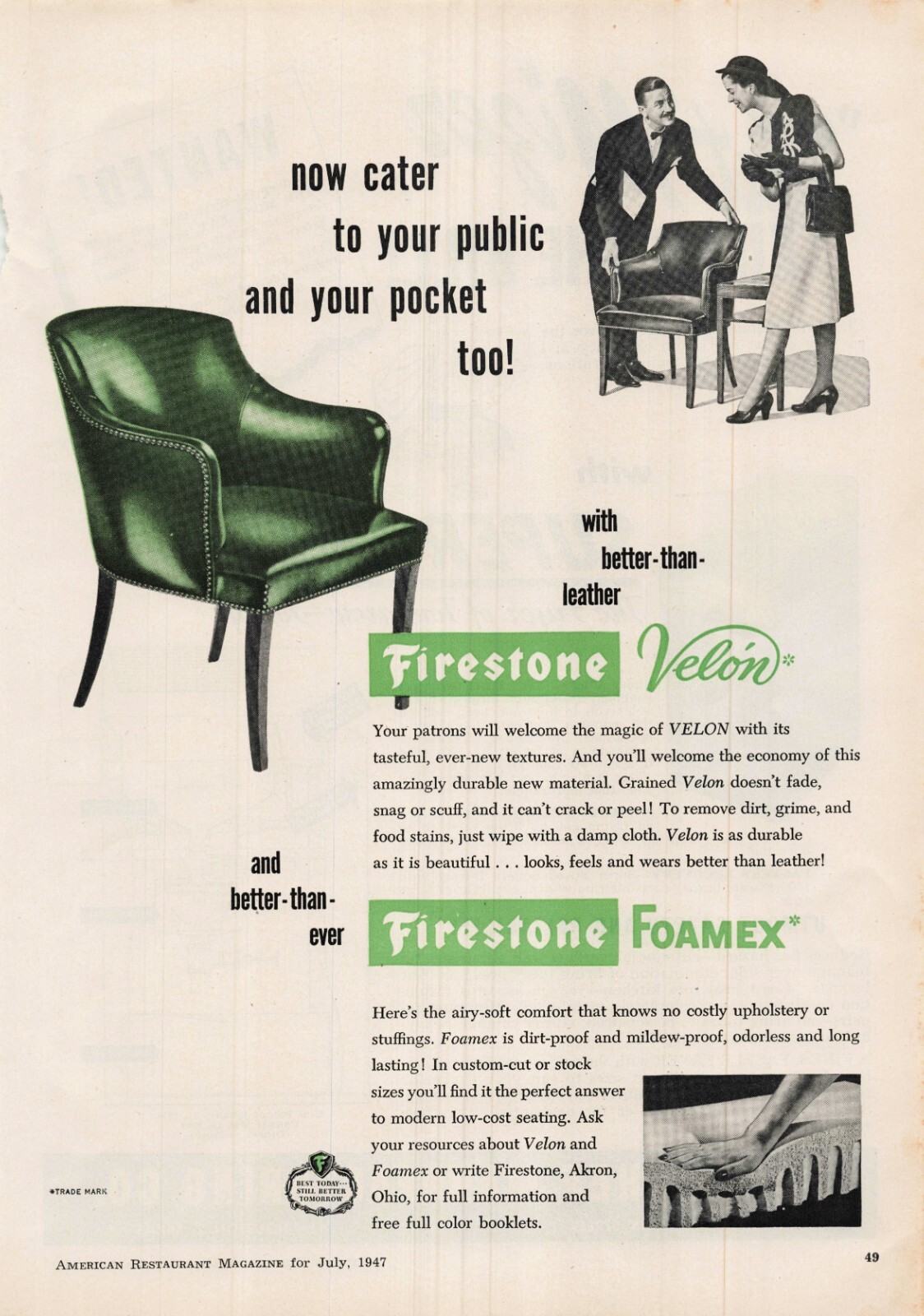 VTG 1947 Print Ad Firestone Velon Foamex Leather Green Cater Man Woman