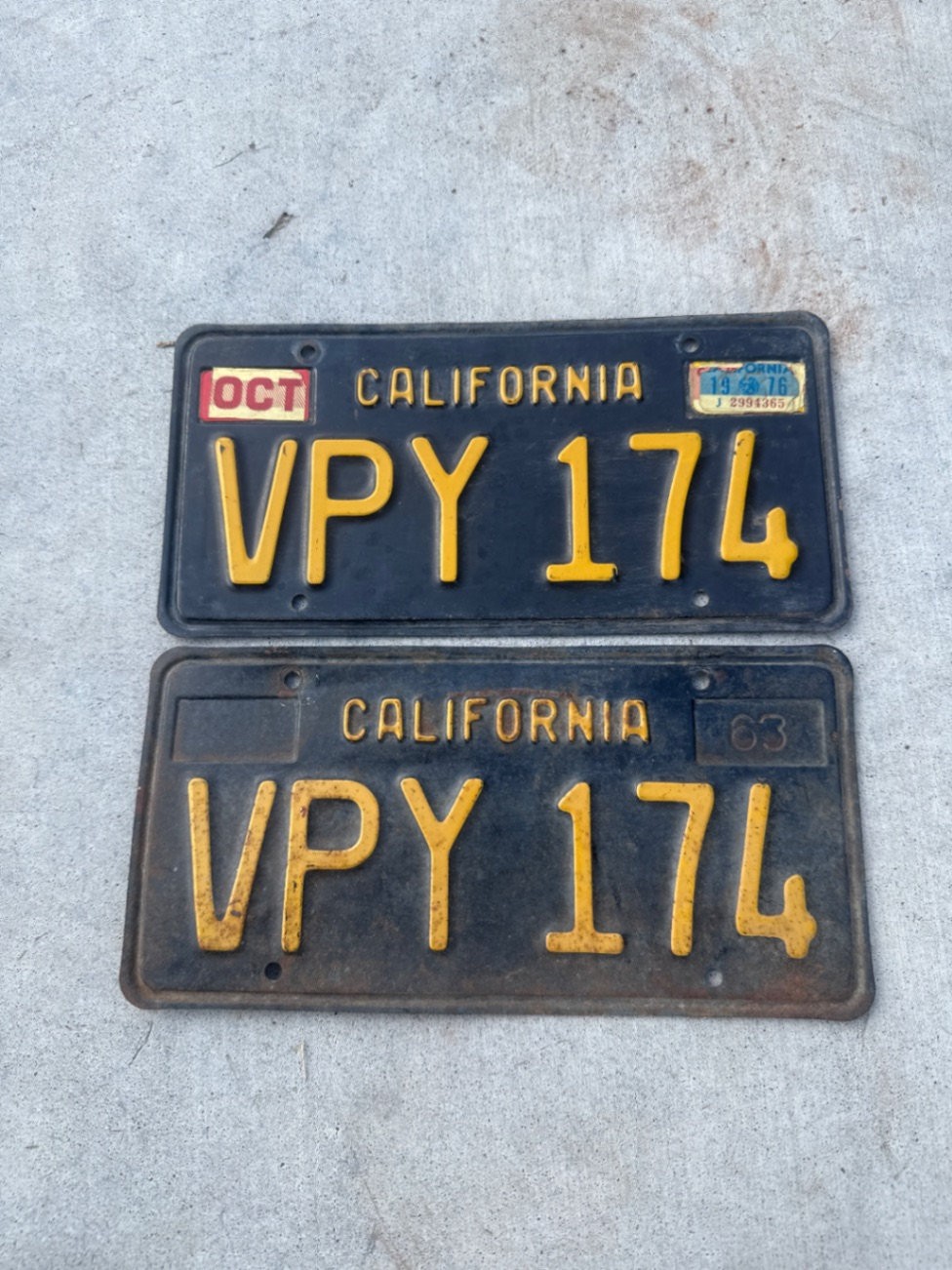 Original Matching Pair of 1963 California Black License Plates (VPY 174)