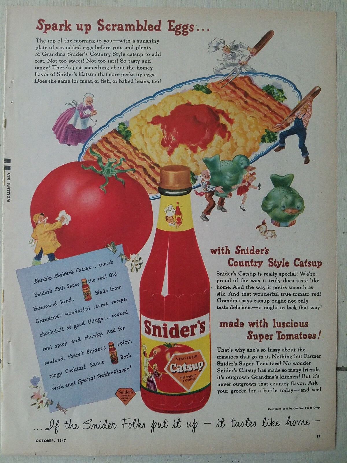 1945 Snider\'s country-style catsup spark up scrambled eggs vintage original ad