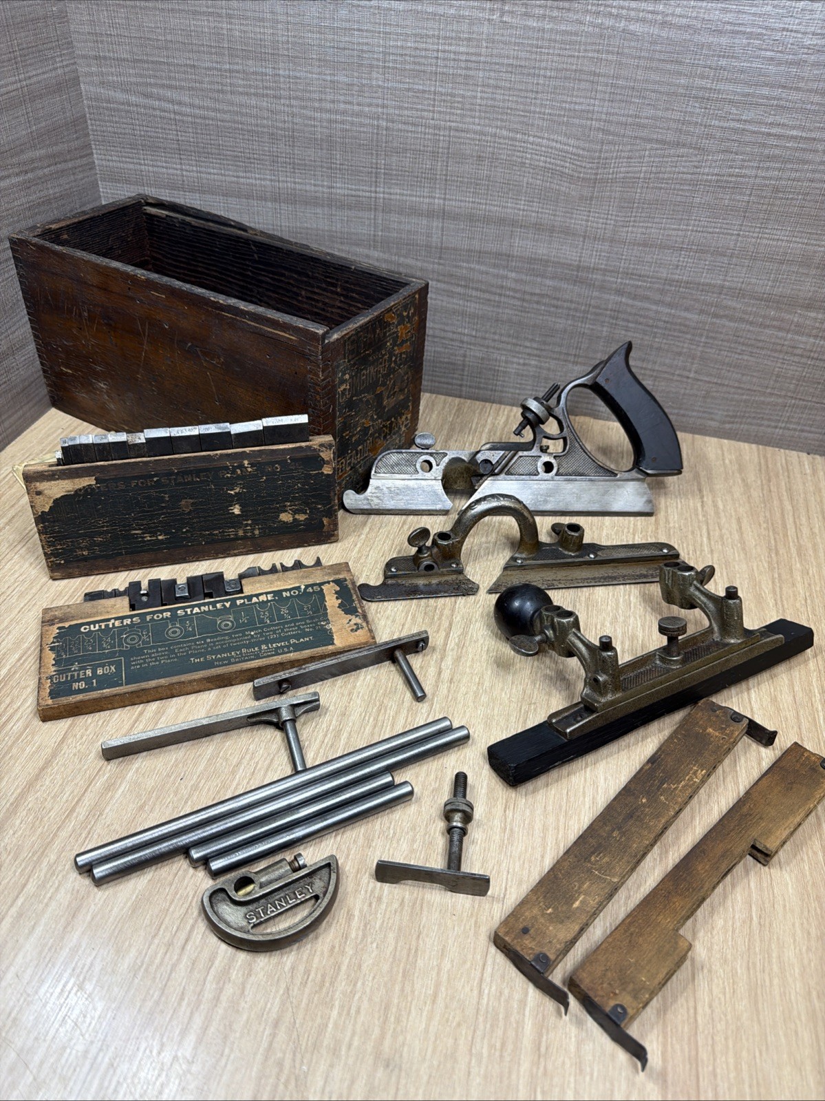 Vintage Stanley No.45 Combination Plane includes cutter boxes #1 & #2