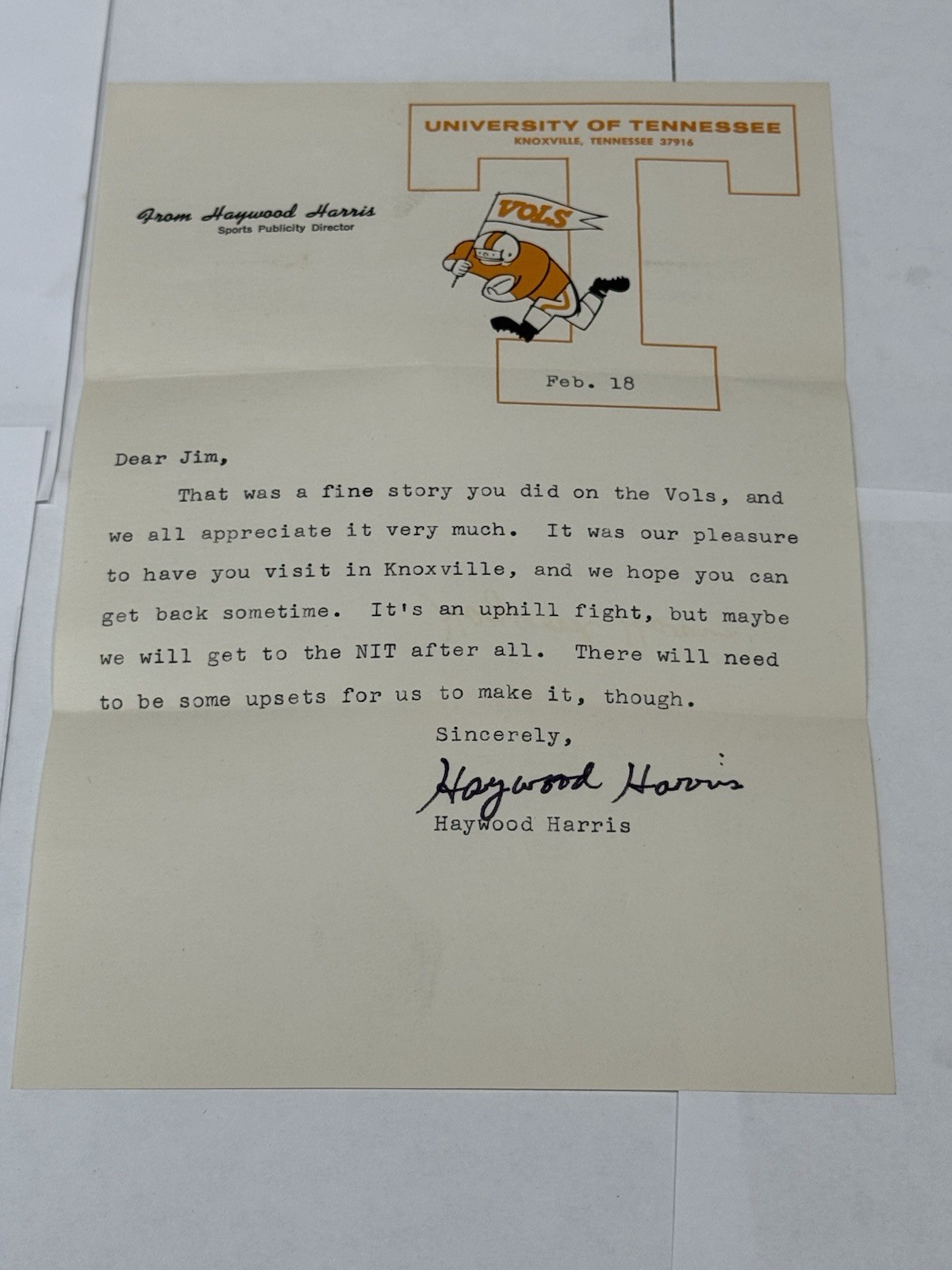 University Of Tennessee Vols Letterhead Signed Haywood Harris 1960s 1970s