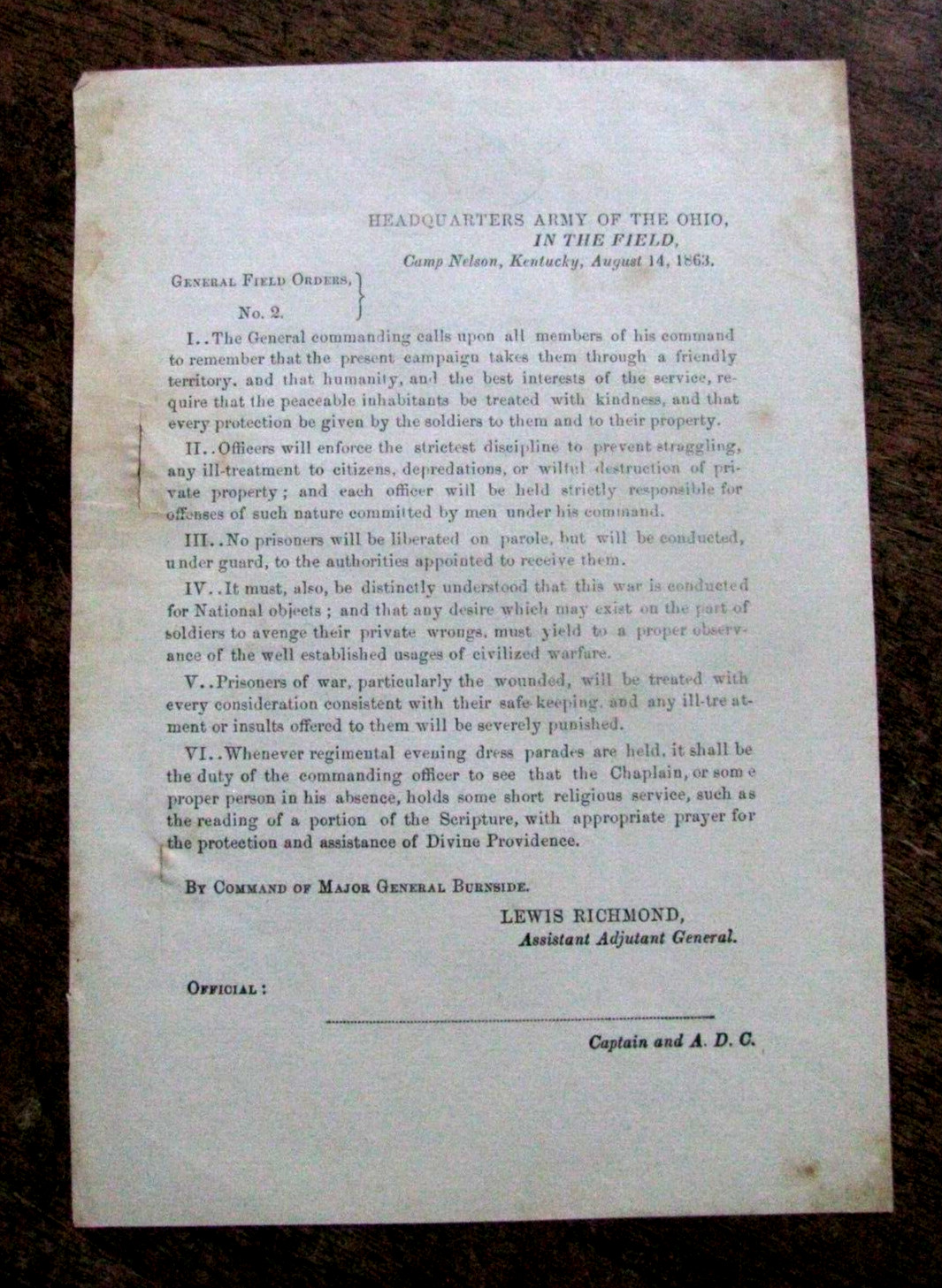 KENTUCKY CIVIL WAR CAMP NELSON GENERAL BURNSIDE ORDER 1863
