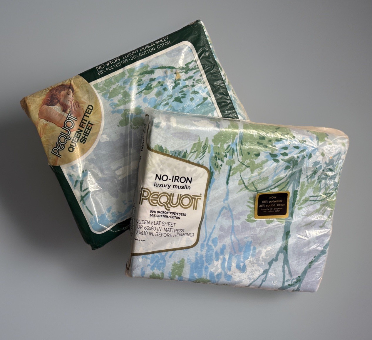 Vintage Pequot Muslin Luxury Queen Flat Sheet & Fitted Sheet 60x80 Forrest Trees