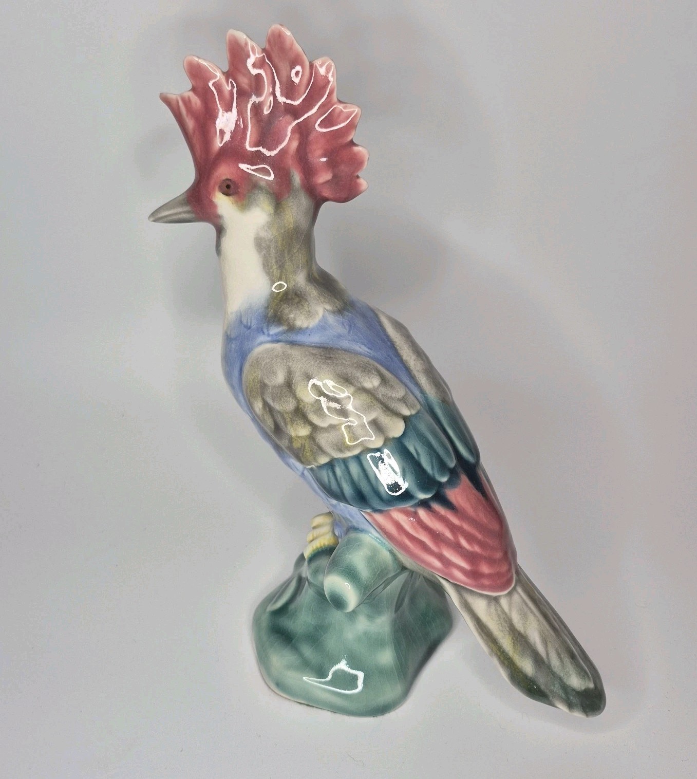 VTG Large Muted Majolica Glazed Ceramic Crested Perched Cockatoo Figurine 10\