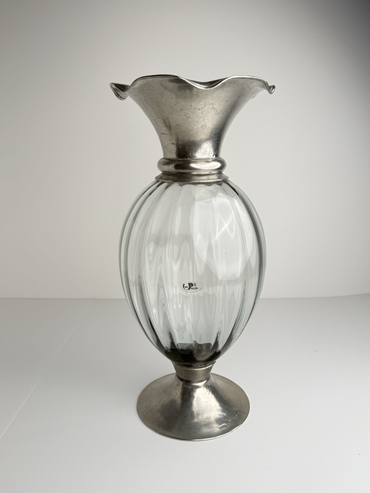 Vintage Val Peltro Italy 95% Pewter & Glass Vase 19” Large Footed Art Vase