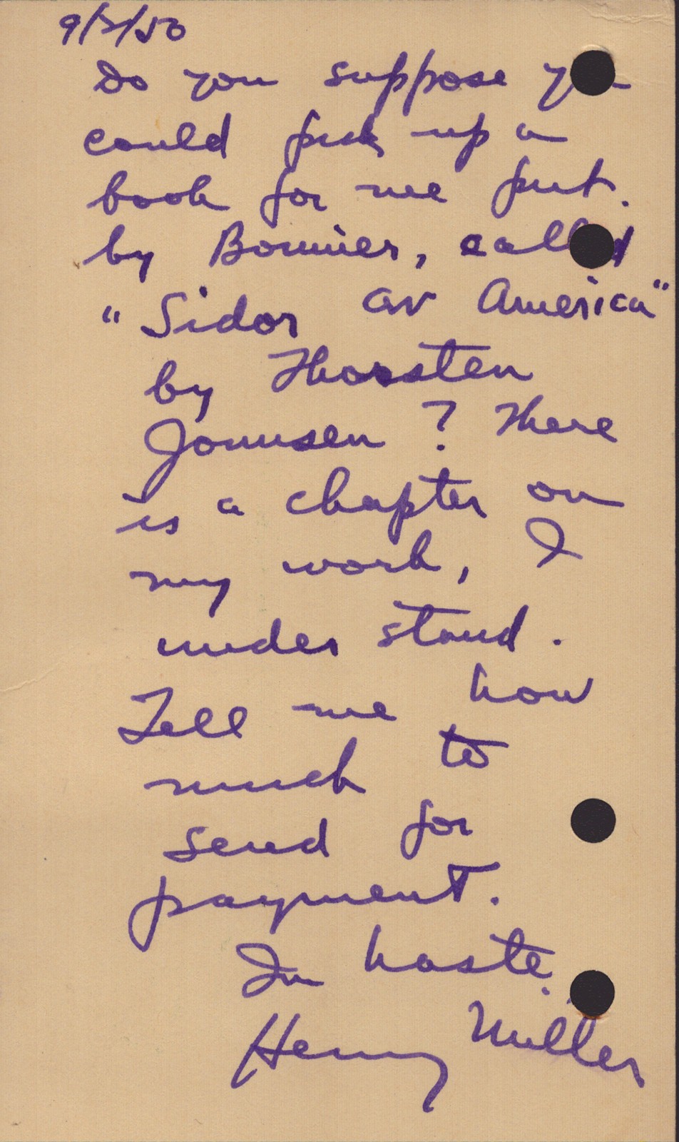HENRY MILLER - AUTOGRAPH NOTE SIGNED 09/02/1950