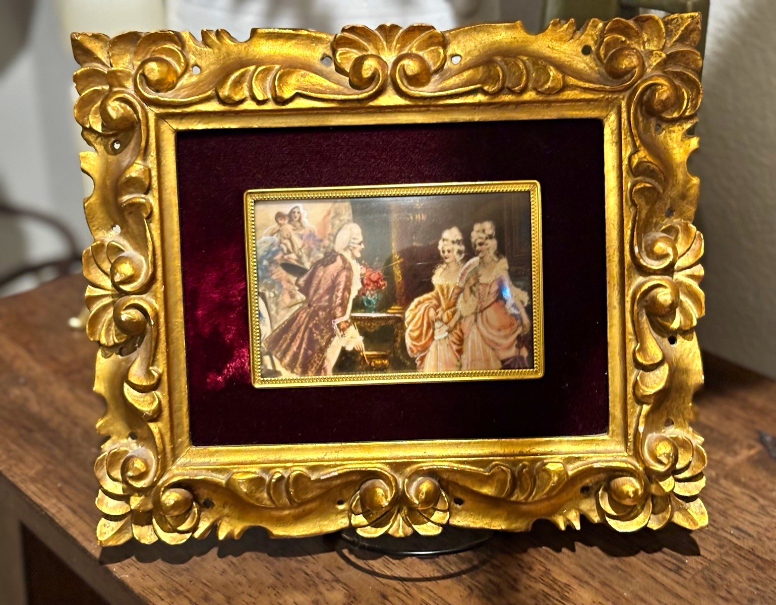 Vintage Rococo Miniature Art | Ornate Gold Baroque Frame, Burgundy Velvet Mat