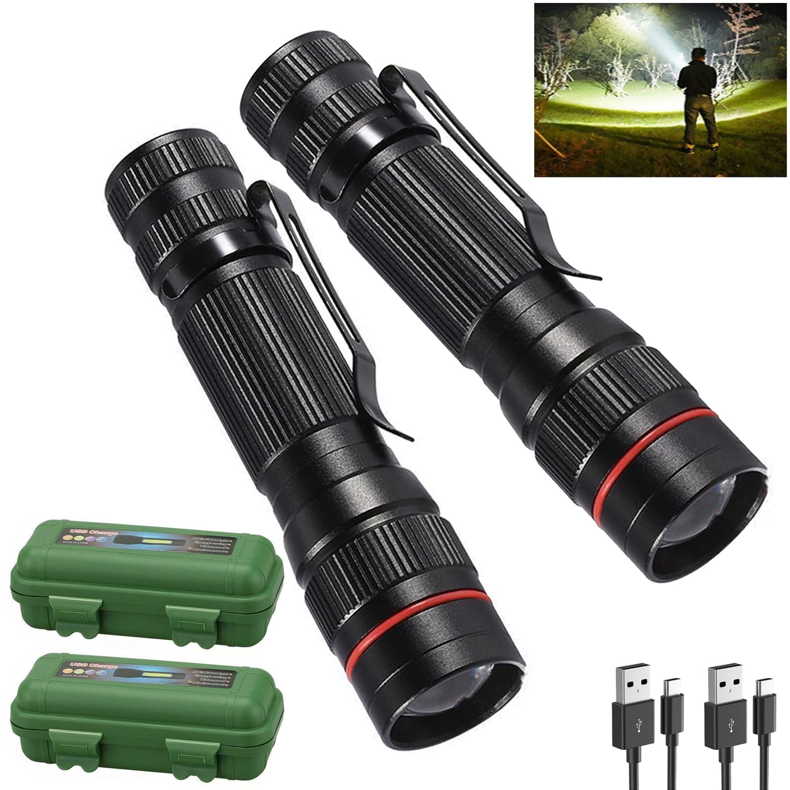 Wrrozz 2 Pack Small Mini LED Rechargeable B-2 pack, Black camping flashlight Wrrozz 2 Pack Small Mini LED Rechargeable B-2 pack, Black camping flashlight