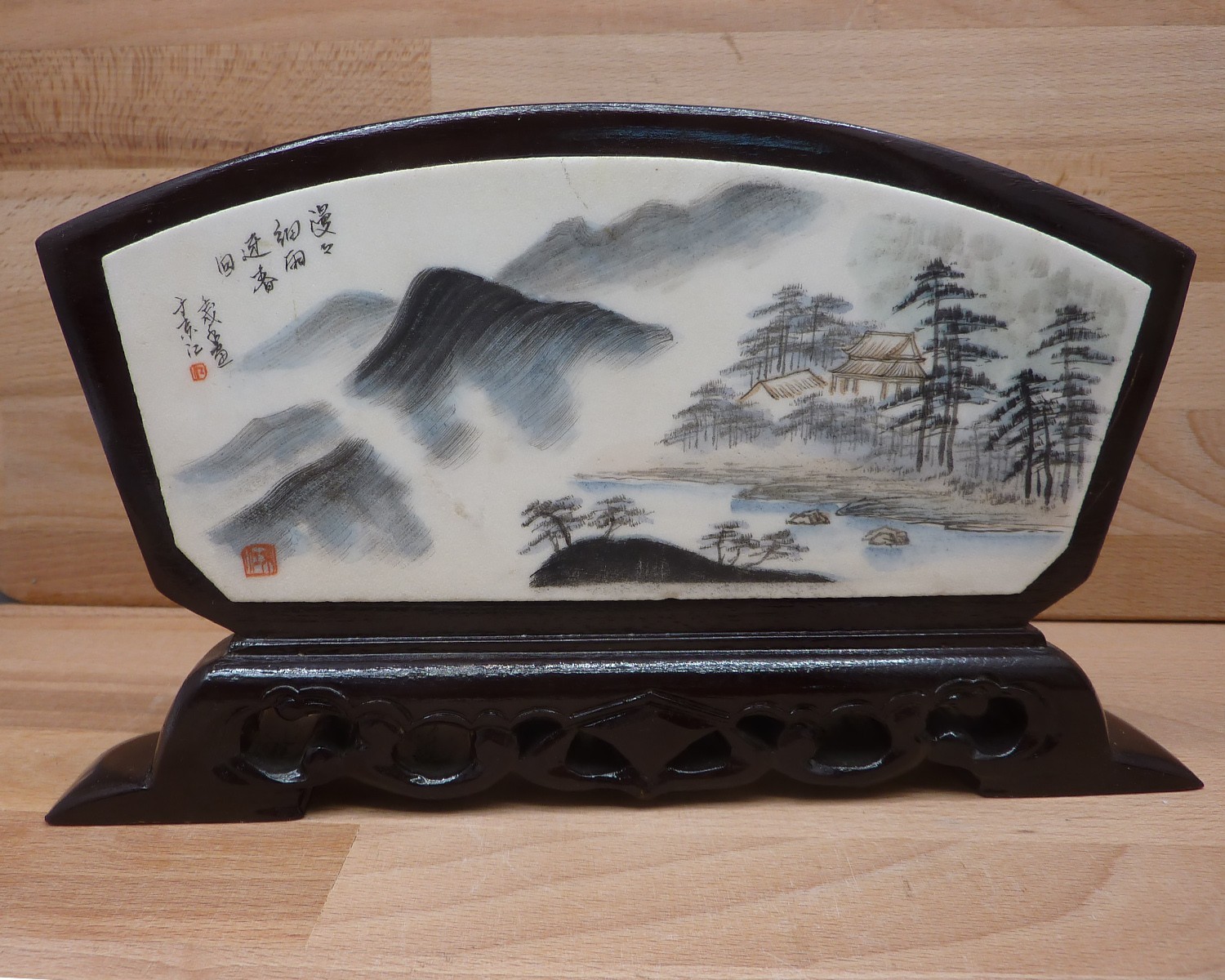 Vintage Chinese Hand-Painted Fan-Shaped Marble Table Screen on Carved Wood Stand