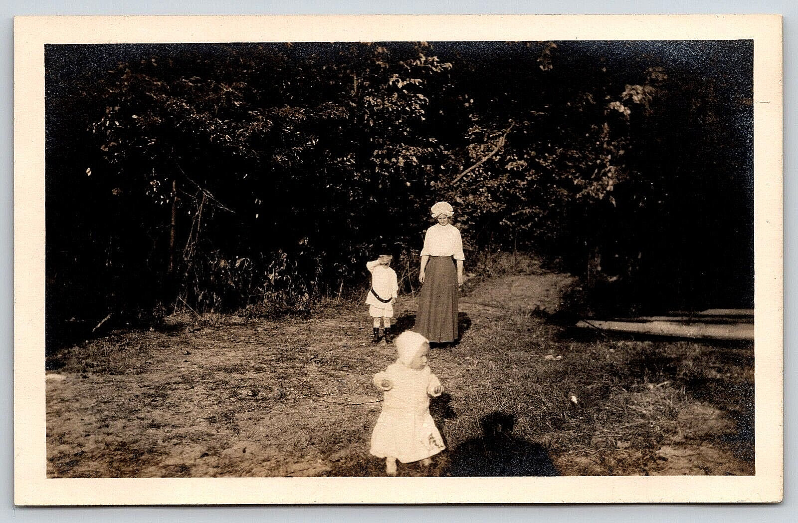 Original Old Vintage Antique Postcard Real Photo Lady Mother Hat Kids Children