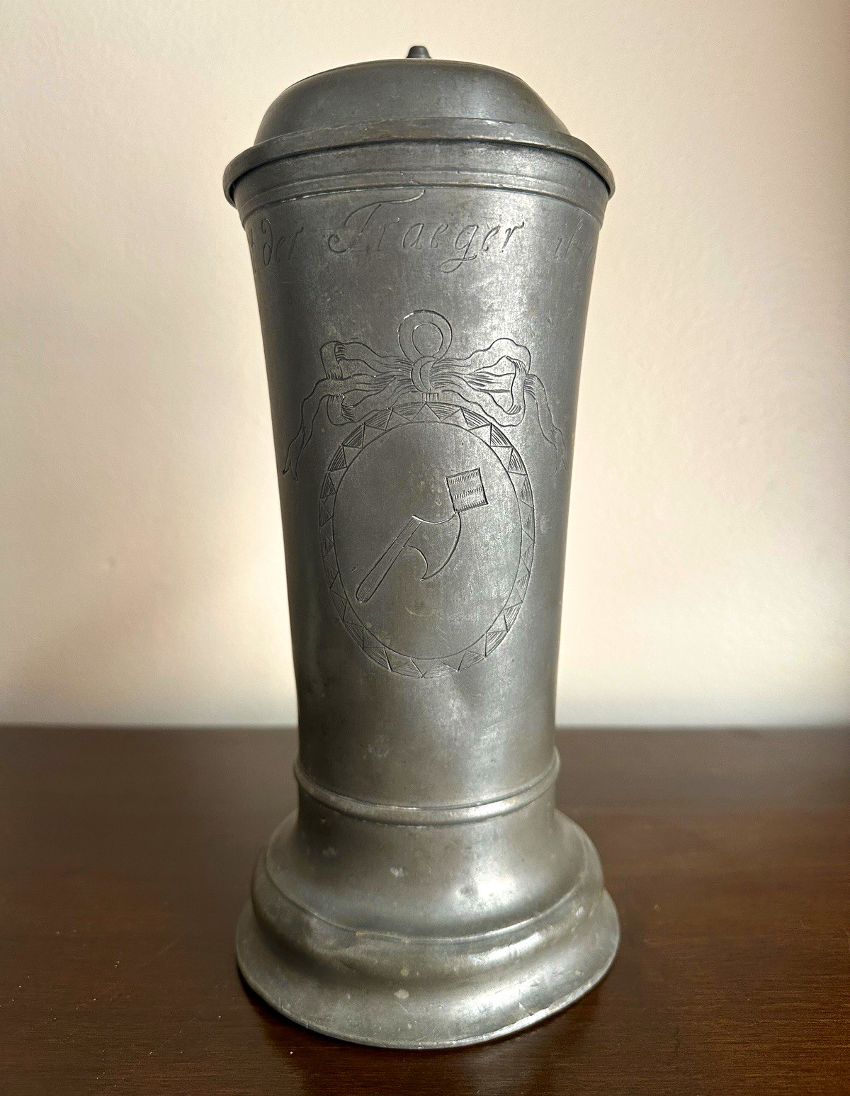Antique 18th Century German Pewter Hand Etched Lidded Beer Stein for a Tradesman